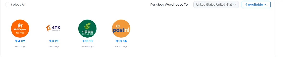 Four shipping lines quoted side by side on the PonyBuy warehouse page for the same parcel: P&B Express Tax Free at 4.62 dollars in 7 to 15 days, 4PX at 6.19 dollars in 7 to 15 days, China Post at 10.13 dollars in 15 to 30 days, and PostNL at 10.94 dollars in 15 to 30 days.
