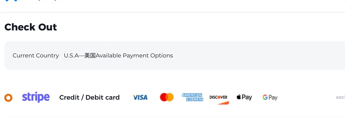 The checkout header on PonyBuy: Current Country U.S.A above the available payment options, with Stripe listing Visa, Mastercard, American Express, Discover, Apple Pay and Google Pay.