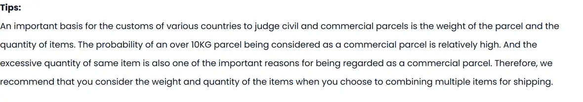The Tips block closing the PonyBuy combined delivery article: customs judge civil against commercial parcels on weight and item count, a parcel over 10 kg stands a fair chance of being treated as commercial, and both should be weighed up before combining.