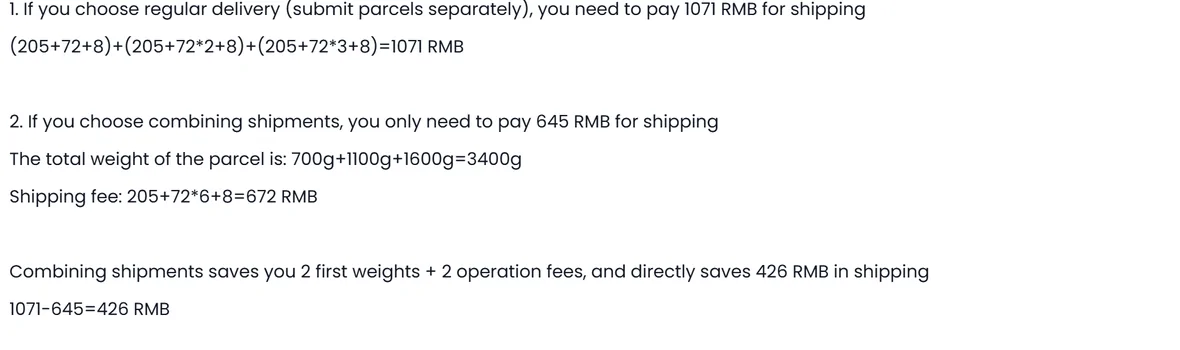 The worked example in the same PonyBuy help article, setting 1071 RMB for three parcels sent separately against 645 RMB for the same three combined, on the operator own sample weights and rates.