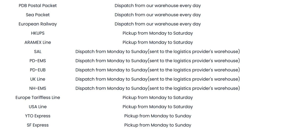 The rest of the PonyBuy dispatch timetable, carrying PDB Postal Packet, Sea Packet, European Railway, HKUPS, ARAMEX, SAL, PD-EMS, PD-EUB, UK Line, NH-EMS, USA Line, YTO Express and SF Express, each with its own pick-up days.