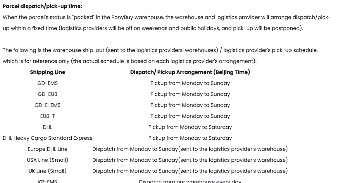 The dispatch timetable in the PonyBuy help centre, pairing shipping lines such as GD-EMS, GD-EUB, EUB-T and DHL with the days on which the warehouse hands them over, in Beijing time.