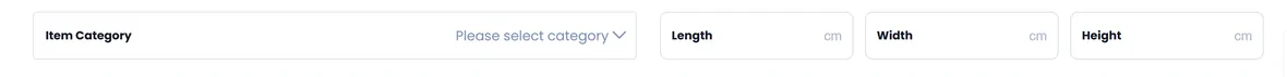 The second row of the same PonyBuy estimate form: an Item Category selector reading Please select category, followed by separate Length, Width and Height boxes each labelled cm.