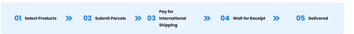 The five numbered stages across the top of the PonyBuy warehouse page: Select Products, Submit Parcels, Pay for International Shipping, Wait for Receipt, and Delivered.
