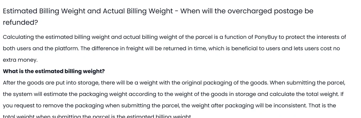 The opening of the PonyBuy help centre article on estimated and actual billing weight, saying the difference in freight is returned when the two numbers disagree, followed by the section headed What is the estimated billing weight.