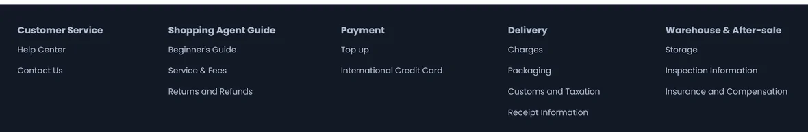 The footer PonyBuy repeats on every page, filing its documentation under five headings: Customer Service, Shopping Agent Guide, Payment, Delivery, and Warehouse and After-sale, with Charges, Packaging, Customs and Taxation and Receipt Information listed under Delivery.