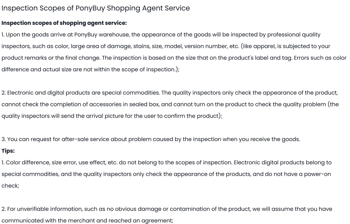The PonyBuy help centre article Inspection Scopes of PonyBuy Shopping Agent Service, listing what the warehouse checks on arrival and, in the Tips block under it, the things it explicitly does not check.