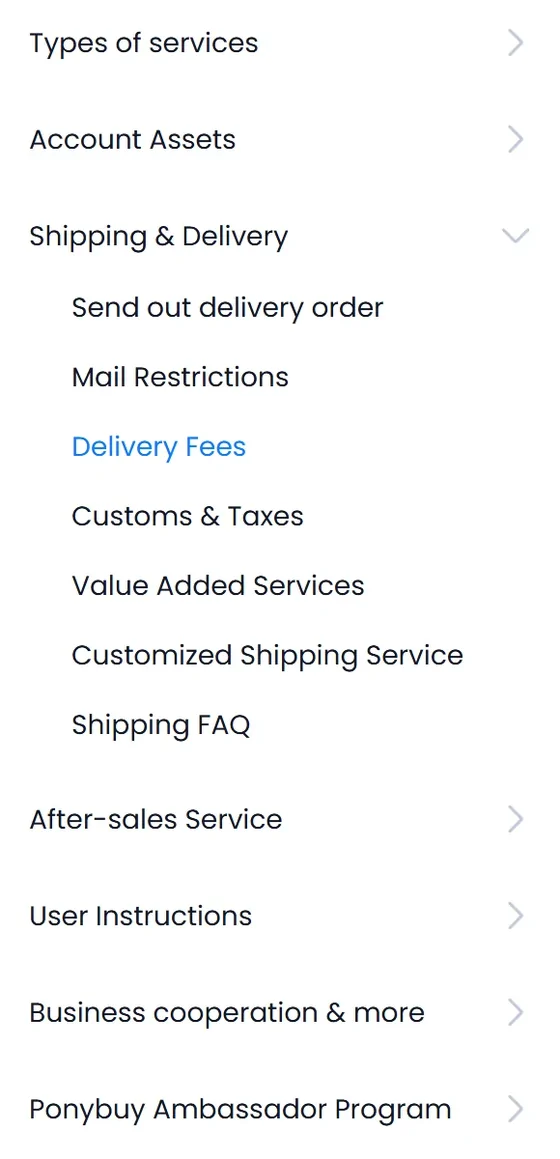 The PonyBuy help centre menu with Shipping and Delivery expanded into its seven entries: Send out delivery order, Mail Restrictions, Delivery Fees, Customs and Taxes, Value Added Services, Customized Shipping Service and Shipping FAQ.