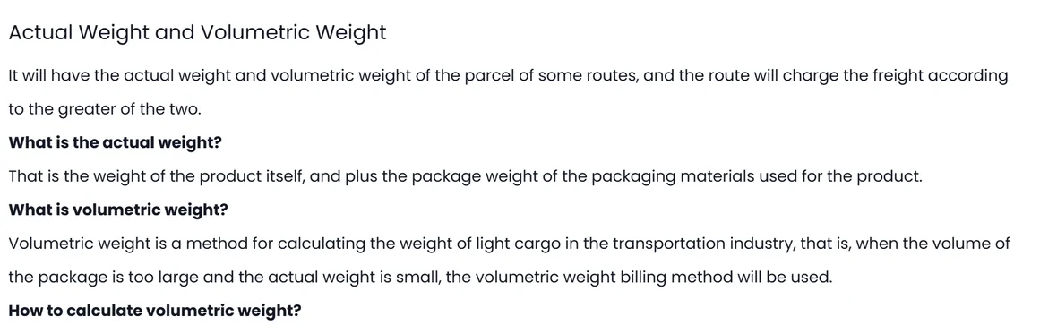 The opening of the PonyBuy help centre article on actual weight and volumetric weight, explaining that some routes charge on the greater of the two and defining each in turn.