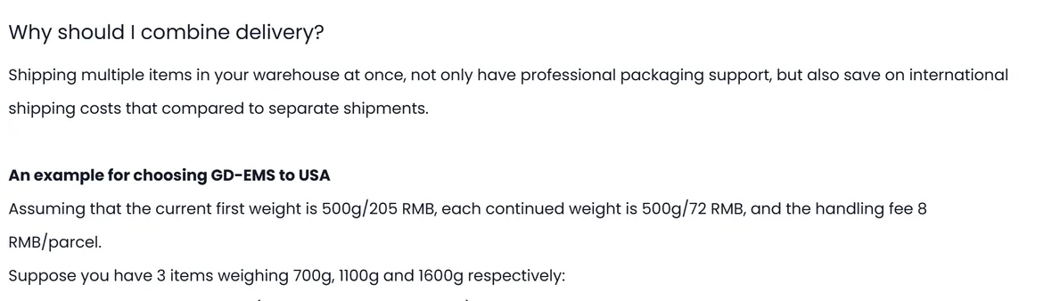 The opening of the PonyBuy help centre article headed Why should I combine delivery, noting that combining gets professional packing as well as saving on international shipping.