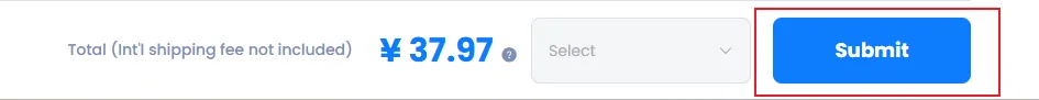 The footer bar of the PonyBuy order confirmation page: Total, international shipping fee not included, shown as 37.97 yuan, an empty Select dropdown, and a Submit button outlined in red.