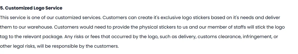 Step five of the PonyBuy packing standard, the customised logo service: the customer supplies the physical stickers and warehouse staff apply them, with any legal risk in doing so resting on the customer.