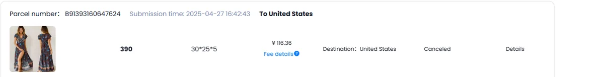 A second parcel row in the same PonyBuy list: parcel number B91393160647624 submitted on the twenty seventh of April 2025, 390 grams, the same volume of 30 by 25 by 5 centimetres, but a shipping fee of 116.36 yuan, marked Canceled.