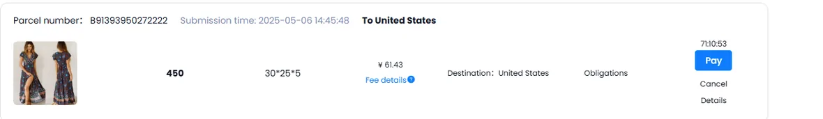 One parcel row in the PonyBuy parcel list: parcel number B91393950272222 submitted on the sixth of May 2025 to the United States, 450 grams, volume 30 by 25 by 5 centimetres, shipping fee 61.43 yuan with a Fee details link, status Obligations, and a countdown reading 71 hours beside a Pay button.