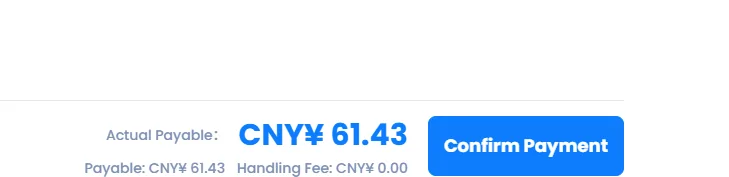 The settlement line on the PonyBuy payment page: Actual Payable CNY 61.43, with Payable CNY 61.43 and Handling Fee CNY 0.00 broken out underneath, beside a Confirm Payment button.