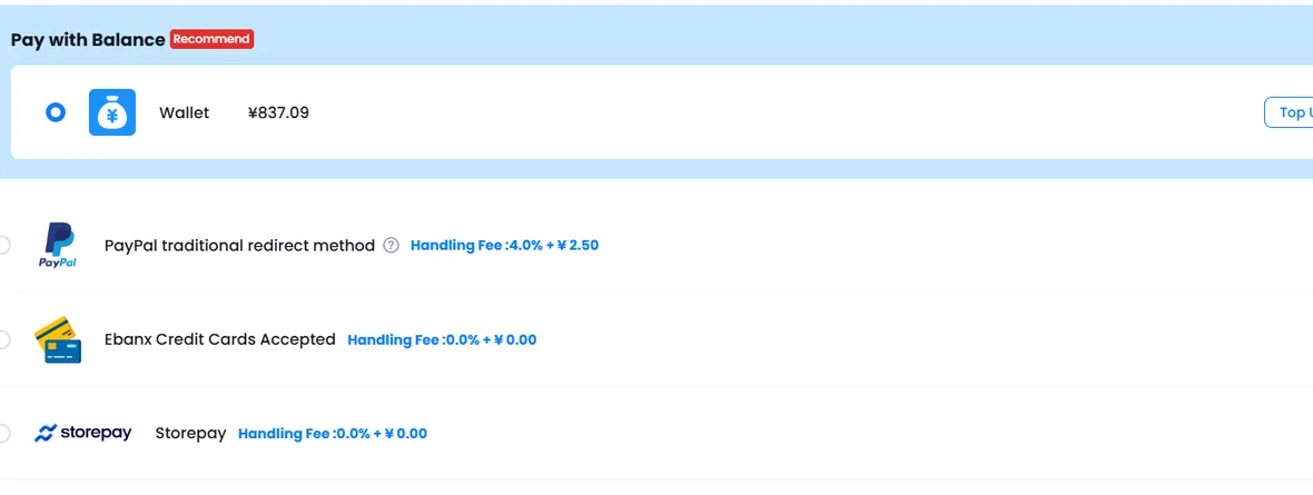 The payment options on PonyBuy, each carrying its own handling fee on the right: the wallet balance holding 837.09 yuan and marked Recommend, PayPal at 4.0 per cent plus 2.50, credit cards at 0.0 per cent plus 0.00, and Storepay at 0.0 per cent plus 0.00.