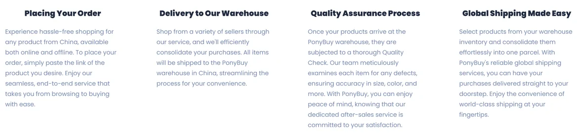 The four stages as ponybuy.com describes them on its own front page: Placing Your Order, which says you paste the link of the product you desire; Delivery to Our Warehouse, which says purchases are consolidated; Quality Assurance Process, which says items are subjected to a thorough Quality Check examining each item for defects and accuracy in size and colour; and Global Shipping Made Easy, which says you select products from your warehouse inventory and consolidate them into one parcel.