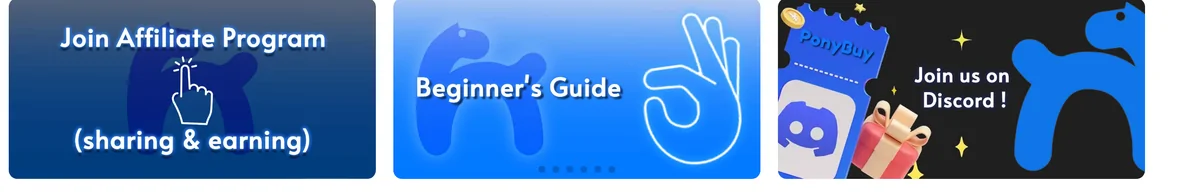 The three banners ponybuy.com runs under its search bar: Join Affiliate Program (sharing and earning), Beginner's Guide, and Join us on Discord. Two of the three are about recruiting; one is documentation.