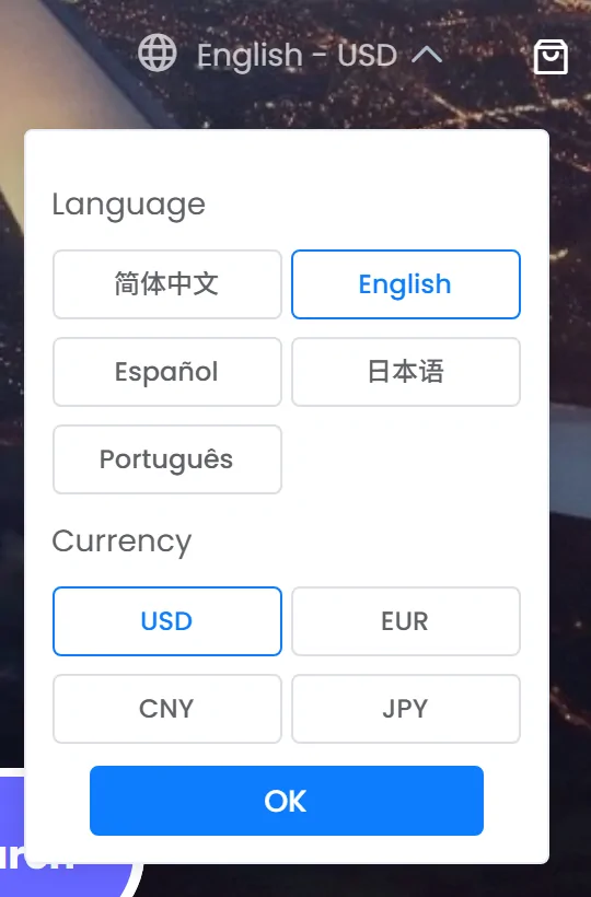 The switcher at the right end of the ponybuy.com bar, opened: a Language block offering Simplified Chinese, English, Espanol, Japanese and Portugues with English selected, then a Currency block offering USD, EUR, CNY and JPY with USD selected, and an OK button under them.