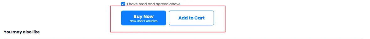 The foot of a PonyBuy product page, with a ticked I have read and agreed above the Buy Now and Add To Cart buttons outlined in red, and a You may also like row starting underneath.