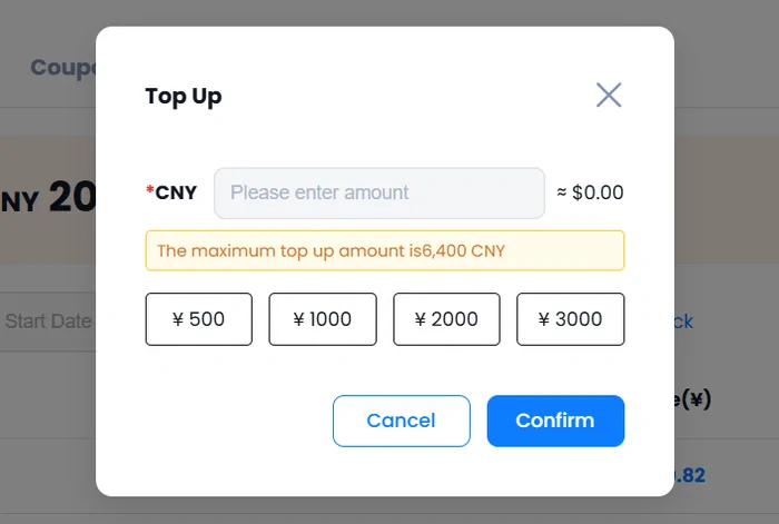 The PonyBuy Top Up dialog: an amount field in CNY showing an equivalent of 0.00 dollars, a yellow notice that the maximum top up amount is 6,400 CNY, four preset amounts of 500, 1000, 2000 and 3000 yuan, and Cancel and Confirm buttons.