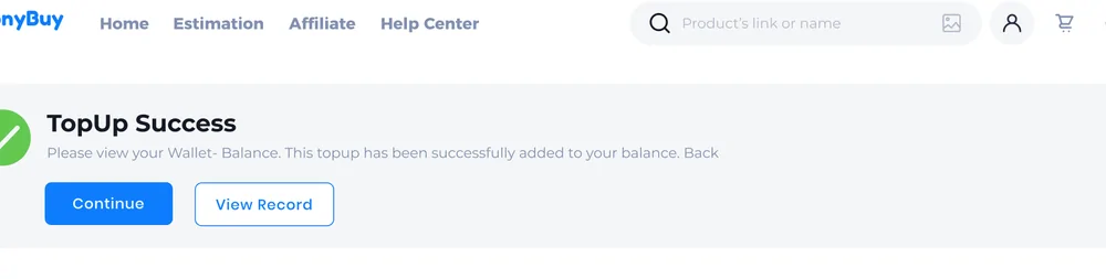 A confirmation panel on PonyBuy reading TopUp Success, telling the user the top up has been added to the wallet balance, with Continue and View Record buttons underneath.