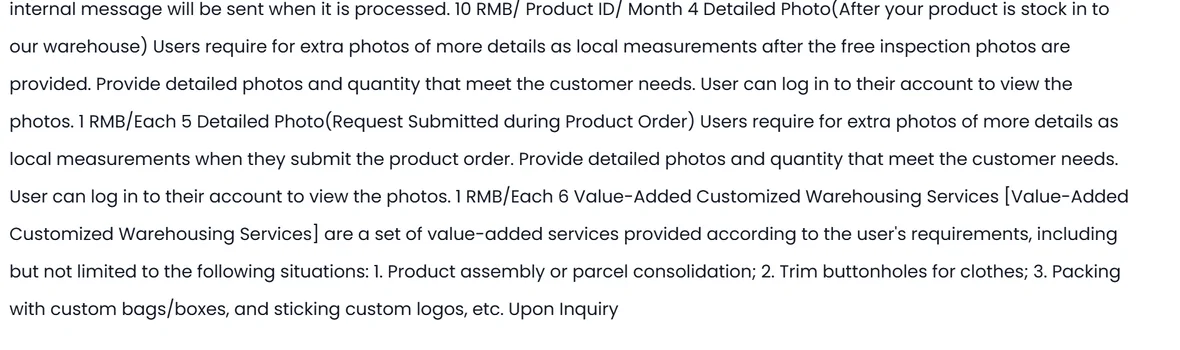 The tail of the same PonyBuy article, where the customised warehousing services covering parcel consolidation, trimming buttonholes and packing with custom bags run together into one unbroken paragraph instead of the six table rows the numbering implies. Prices shown are the operator's own sample figures.