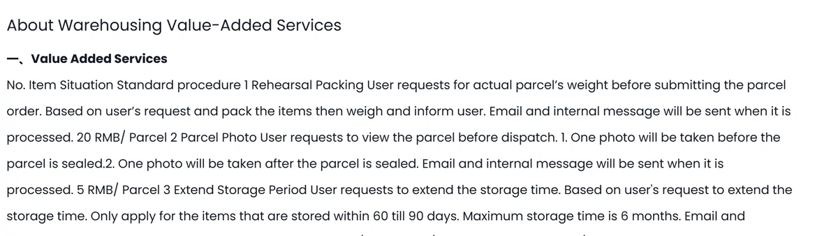 The first half of the PonyBuy help centre article on warehousing value added services, numbering rehearsal packing, parcel photos and extending the storage period against what each costs. Prices shown are the operator's own sample figures.
