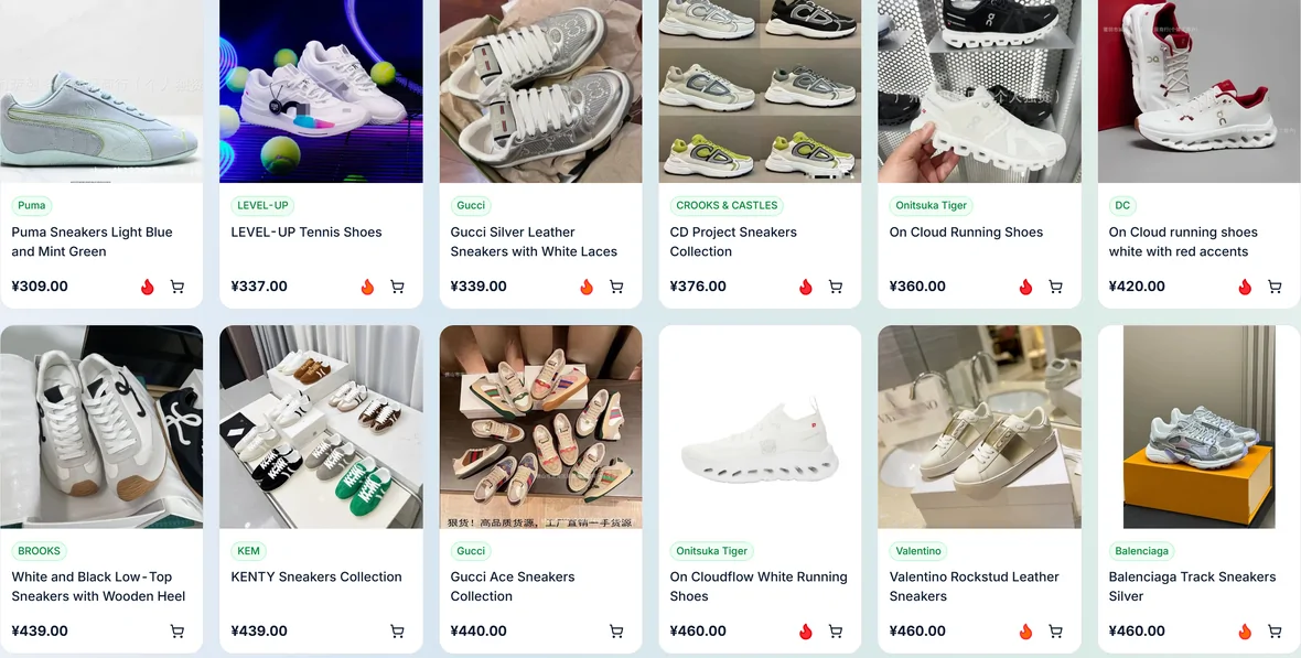 Twelve sneaker cards on a Sneakers category page, each with a photograph, a brand tag, a product name and a price in yuan. Most of the photographs are plain studio shots; the KEM card is a wholesale listing photo with Chinese sales text burnt into it.