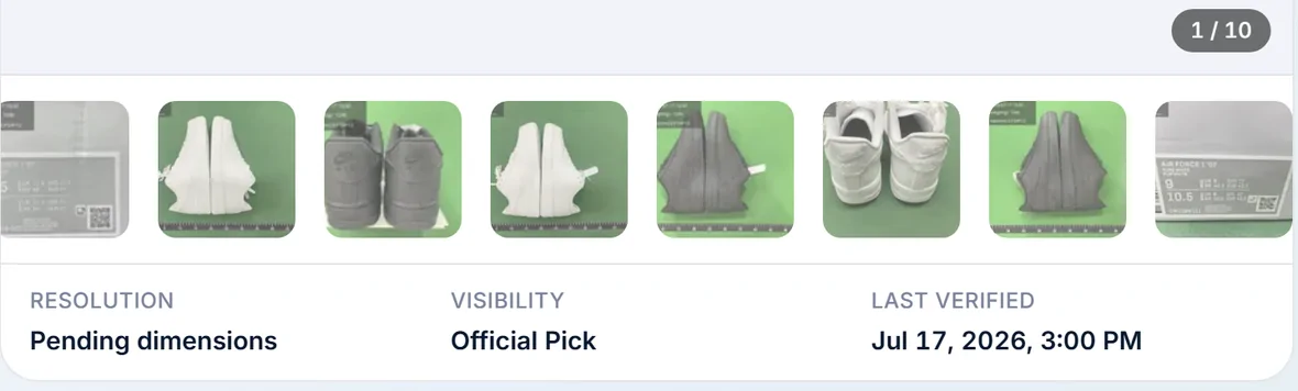 The bottom of a product listing gallery: a 1 / 10 counter, a strip of quality-check thumbnails showing one pair of sneakers on a green measuring mat from several angles, and under them a row reading Resolution, Pending dimensions; Visibility, Official Pick; Last verified, Jul 17, 2026, 3:00 PM.