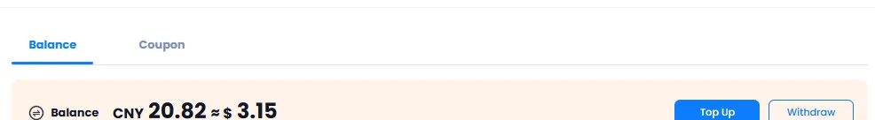 The balance strip in the PonyBuy user centre, under Balance and Coupon tabs: Balance CNY 20.82 with an approximate 3.15 dollars beside it, and Top Up and Withdraw buttons on the right.