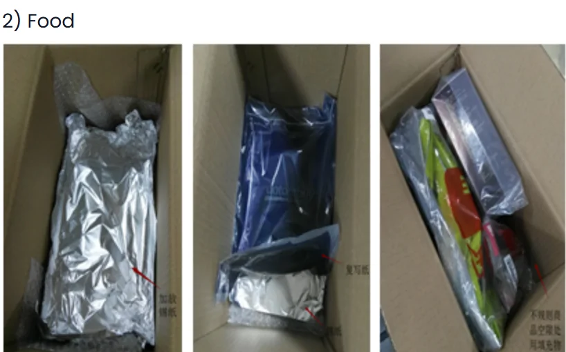 Three photographs from the PonyBuy packing standard, headed Food: goods sealed individually in clear plastic or foil and laid flat in the bottom of an open carton, with red arrows and Chinese notes drawn over them.