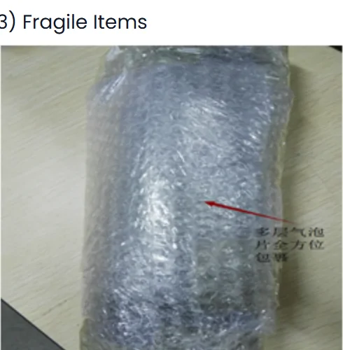 A photograph under the Fragile Items heading of the PonyBuy packing standard, showing a single item rolled in several turns of bubble film on every side, with a red arrow pointing at the wrapping and a Chinese caption beside it.