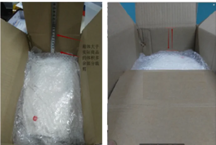 The last two photographs in the irregular shape group of the PonyBuy packing standard: a tall carton with a red measuring line drawn up its inside wall, and beside it the same kind of box cut down so its walls stop just above the bubble-wrapped goods.