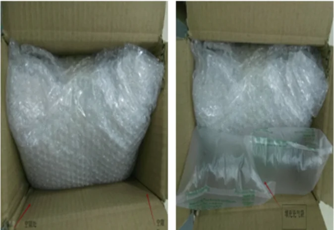 Two photographs from the PonyBuy packing standard of irregularly shaped goods bulked out with bubble film so they sit square in the carton.