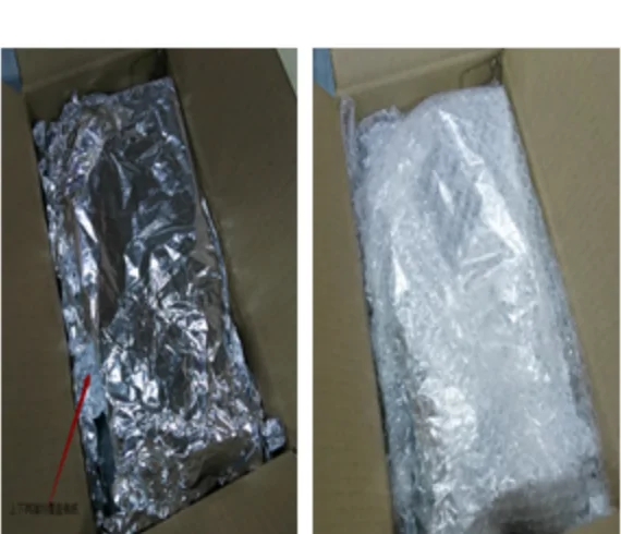 The last two photographs in the food group of the PonyBuy packing standard: a long item sealed in foil with a red arrow along it, and a second one bagged in clear plastic, each lying alone in the bottom of its carton.