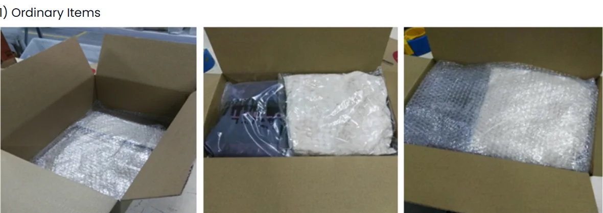 Three photographs from the PonyBuy packing standard headed Ordinary Items: a bubble sheet laid in the base of an empty carton, a bagged dark garment and a white bubble pack side by side in the next one, and a close-up of the same stack seen from above.