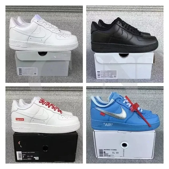 Four pairs of Air Force 1 trainers, each pair standing on its own shoe box